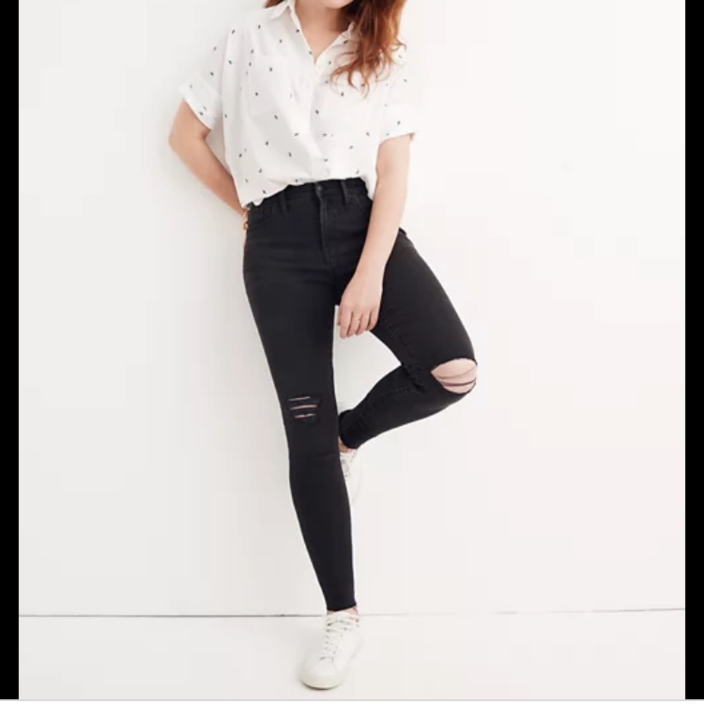Madewell faded black ripped jeans, size 27T. Cut off to 28” inseam.